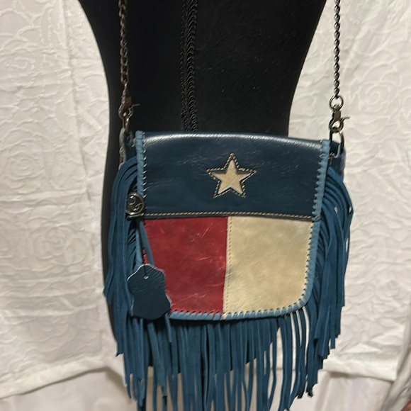 P&G Texas flag genuine leather red, cream, and blue crossbody with fringes. - Picture 13 of 16